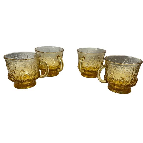 Anchor Hocking Vintage 70s Glass Mugs Set Of 4 Amber Daisies Rain Flowers 6 Oz. - Picture 1 of 14